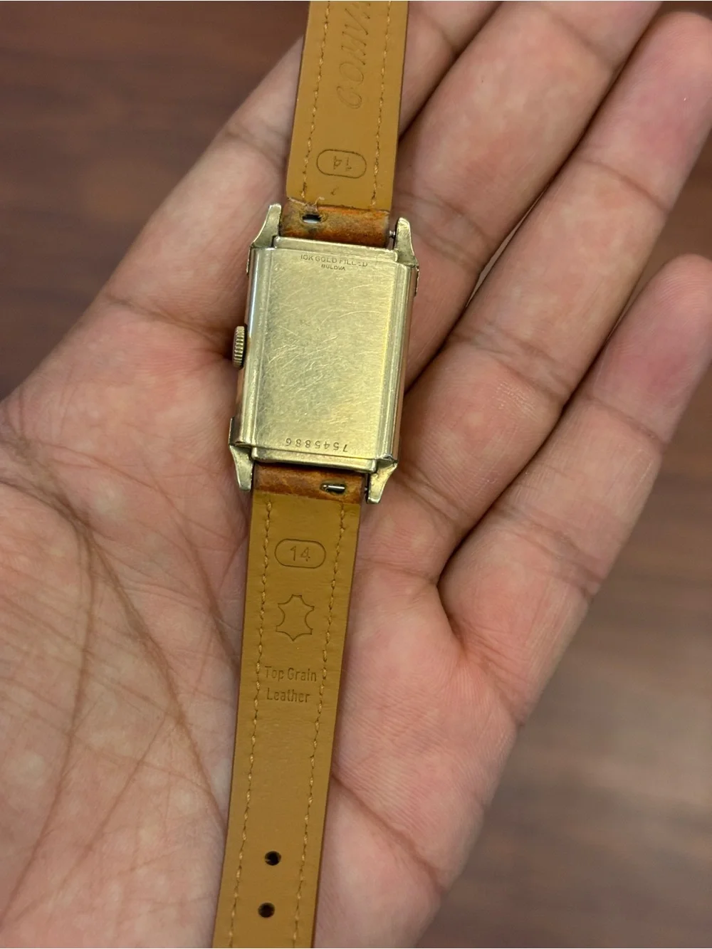 Bulova vintage 10k gold  Rectangular  Watch with Brown Leather Strap rare unisex